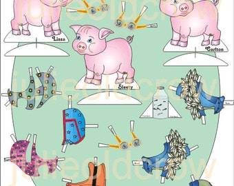 PDF Three Little Piggies Paper Doll Two-Page Set to Download and Print