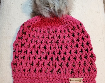 Adult women's crochet hat with pompom pink & black beanie Ready to Ship!