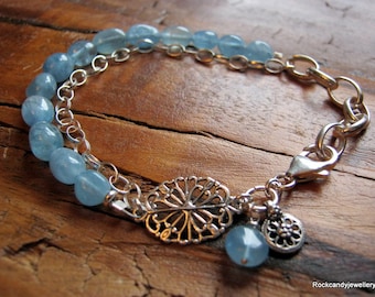 Handmade Multi strand Sterling Silver Aquamarine charm bracelet Gemstone Bracelet