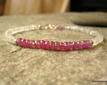 Sterling Silver Artisan Pink Sapphire and Rainbow Moonstone gemstone stacking Bracelet