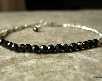 Handmade artisan Sterling Silver Black Spinel Gemstone Karen hill tribe silver bead Stacking Bracelet