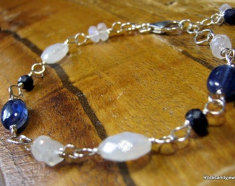 Handmade Artisan Sterling Silver Rainbow moonstone, blue Sapphire and Kyanite Gemstone Bracelet