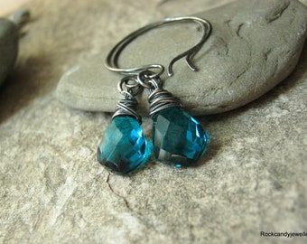 Oxidized Sterling Silver AAA Peacock Blue Quartz Gemstone drop earrings-Rockcandyjewellery