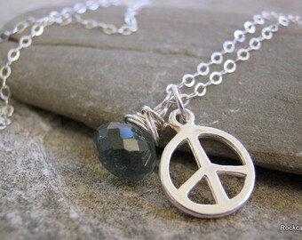 Peace.......Sterling Silver  Moss Aquamarine Gemstone Drop Peace charm Necklace