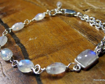 Handmade Artisan  Sterling Silver Rainbow moonstone  Gemstone Bracelet