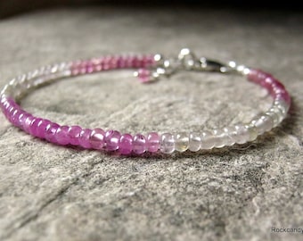 Handmade artisan Sterling Silver Pink and white Sapphire Gemstone  Stacking Bracelet