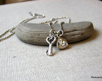 Swarovski crystal pendant antiqued sterling silver key charm necklace