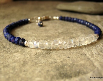 Handmade Artisan Sterling Silver Rainbow moonstone and Lapis Lazuli gemstone stacking bracelet