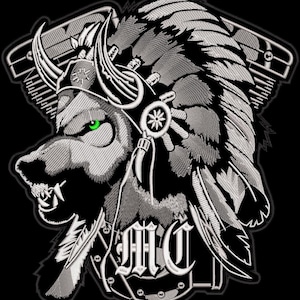 May include: Embroidered patch featuring a wolf with a Native American headdress and green eyes. The design is in shades of gray and white, with the letters "MC" at the bottom. The patch has a black background.