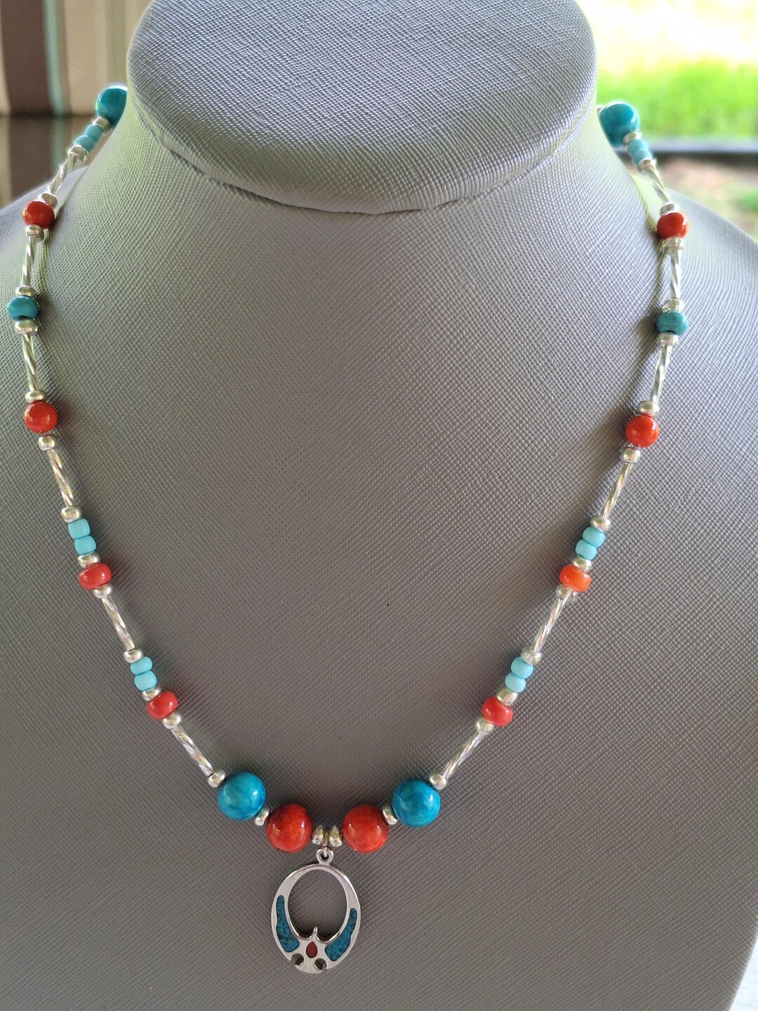 Turquoise and Coral Beaded Necklace With Matching Eagle. - Etsy