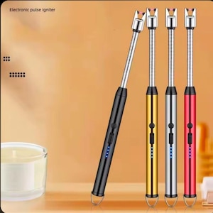 May include: Four electronic pulse igniters with flexible silver necks and cylindrical handles in black, gold, silver, and red. Each igniter features a power button, a sliding switch, and four blue LED battery indicator lights. The text Electronic pulse igniter is visible.