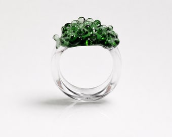 Anillo de burbujas de cristal verde hecho a mano, joyería escultórica futurista