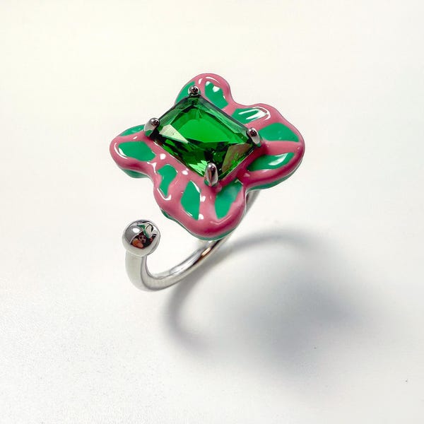 Handgemachte Emaille Statement Ring Grüner Edelstein Blumen Kunst Ring skulpturale bunte Schmuck