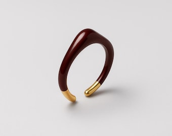 Red Enamel Open Ring with Gold Tips   Modern Minimalist Resin Jewelry   Sculptural Statement Ring