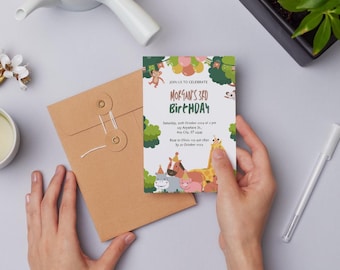 Editable Jungle Animal Birthday Invitation | Safari Theme Kids Party Invite | Instant Download | Canva Template