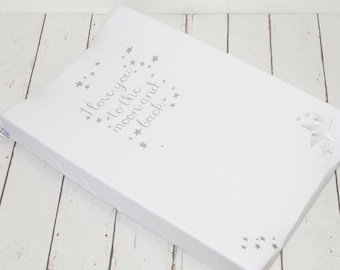 Baby Changing pad cover, contour, baby girl, change mat cover, silver, stars, I love you to the, moon and back, modern, designer, nursery