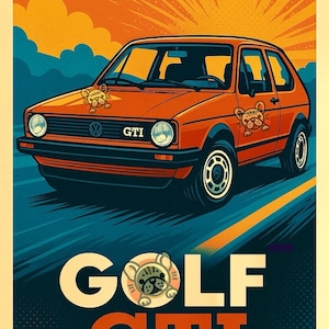 Juego de pósteres VW Golf GTI: arte mural Mk1 GTI en negro, rojo y blanco. Impresión de coche retro para decorar tu hogar o garaje.
