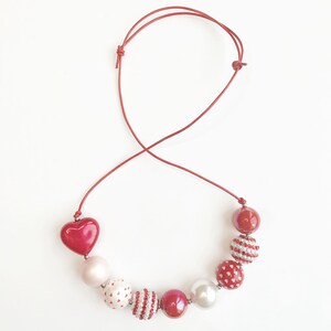 Red Sweetheart Necklace, Chunky Bubblegum Bead Necklace, Valentine Necklace, Little Girl Necklace, Valentine Gift, Valentine&#39;s Day Jewelry