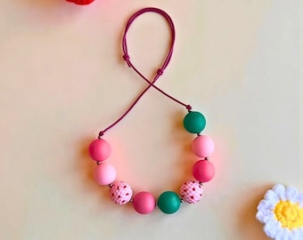 Pink Strawberry Bubblegum Bead Necklace for Girls, Chunky Kids Jewelry, Toddler Accessory, Summer Picnic Adjustable Necklace