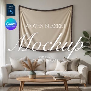 横編みブランケット モックアップ、壁掛けタペストリー スロー、ボヘミアン スタイル | PNG、PSD、Canva ドラッグ アンド ドロップ | オンデマンド POD 印刷 | 即時ダウンロード