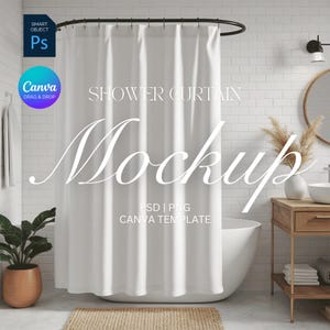 Shower Curtain Mockup | Boho Aesthetic, Neutral White Bathroom | PNG, Photoshop PSD, Canva Template | Print on Demand POD | Instant Download