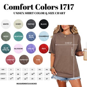 The image is a collage of various colored t-shirts and a woman wearing a brown t-shirt, along with a size chart and measurements.