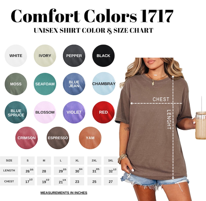 The image is a collage of various colored t-shirts and a woman wearing a brown t-shirt, along with a size chart and measurements.