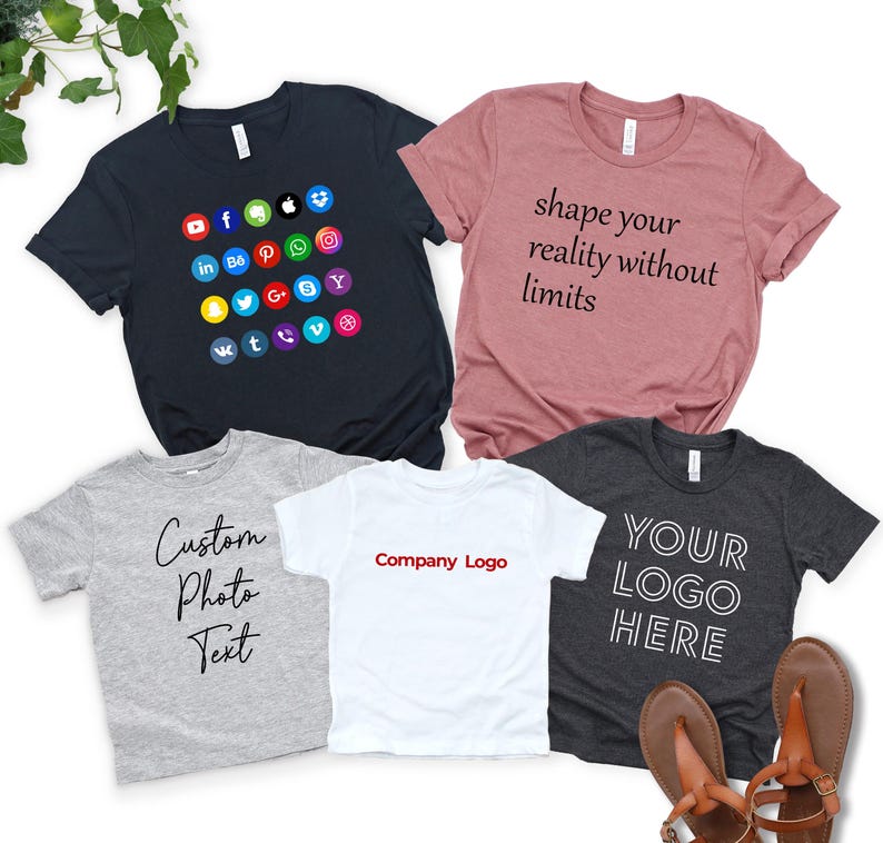 a collection of five t-shirts, each with a unique design and text, arranged on a white background.