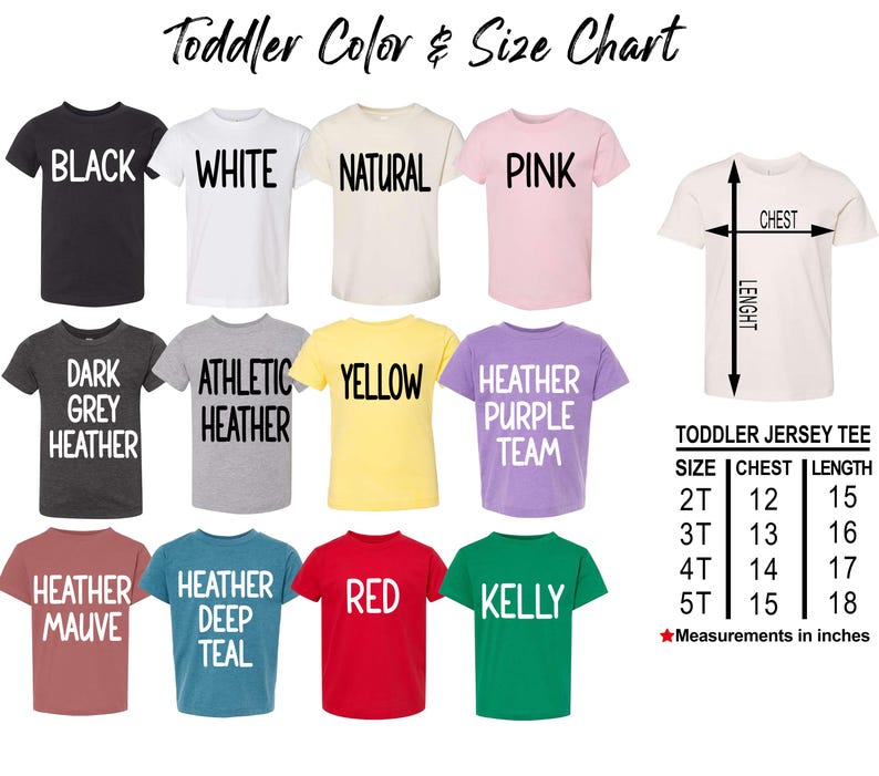 a group of t - shirts that say toddler cout and see chart