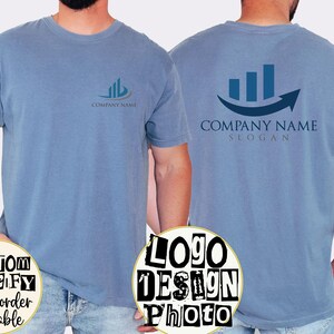 a man wearing a blue t-shirt with a company name and slogan printed on it.