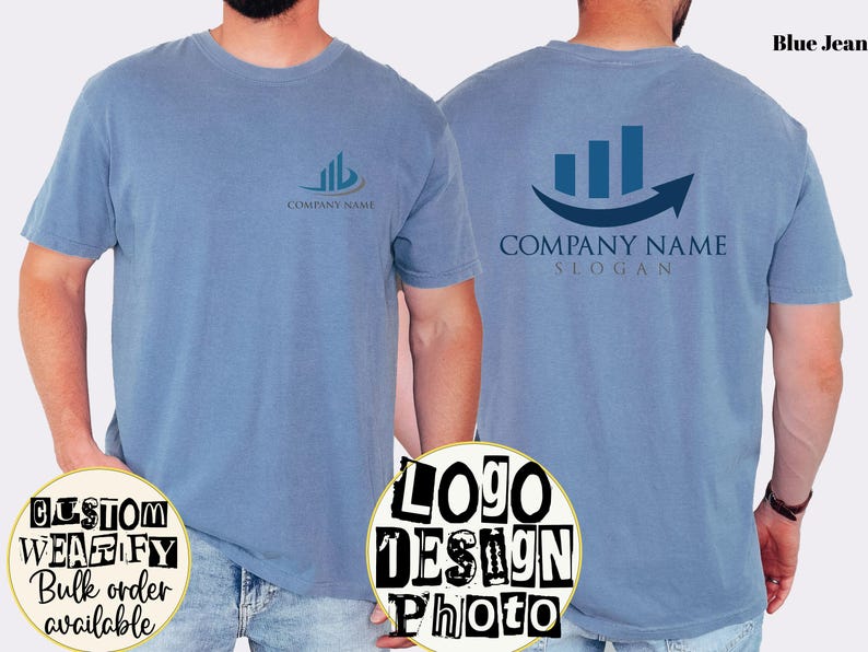 a man wearing a blue t-shirt with a company name and slogan printed on it.