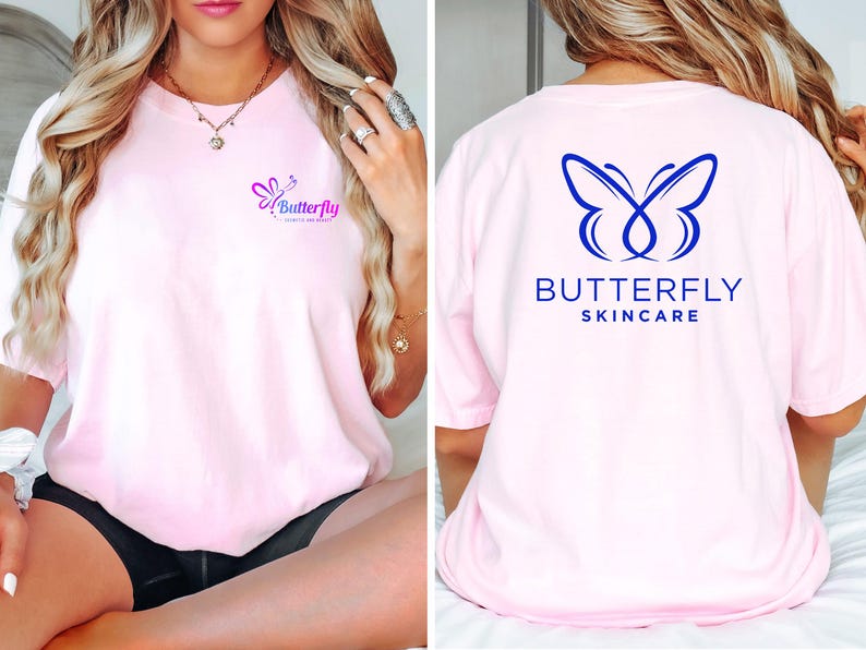 The image is a collage of two photos. In the left photo, a woman is sitting on a bed wearing a pink t-shirt with a logo and text. In the right photo, the same woman is sitting on a bed wearing a pink t-shirt with the logo and text "BUTTERFLY SKINARE" on the back.