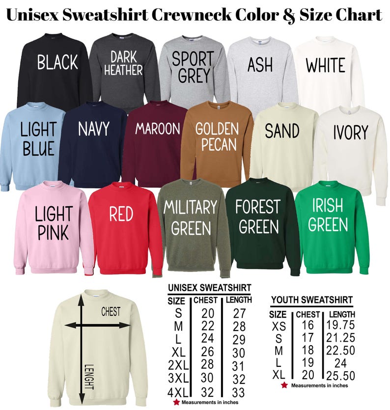 The image is a color and size chart for a variety of unisex crew necks, including different colors and styles.