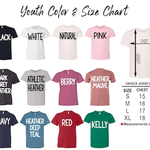 youth color and size chart for t - shirts