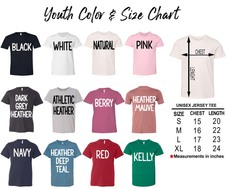 youth color and size chart for t - shirts