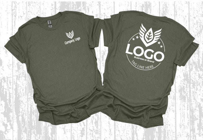 two dark green t-shirts with white text and logos on the back.