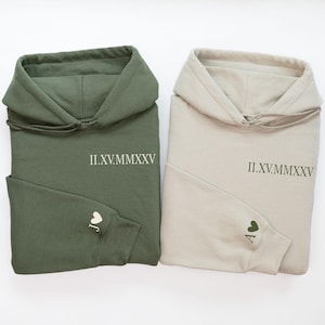 Custom Roman Numeral Hoodie, Matching Couples Valentines Day Gift, Date Initial On Sleeve Engagements Anniversaries Bachelorette's Wedding