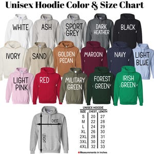 a color and size chart for a collection of unisex hoodies. The chart lists various color options and corresponding sizes, providing a visual guide for selecting the appropriate size based on the chosen color.