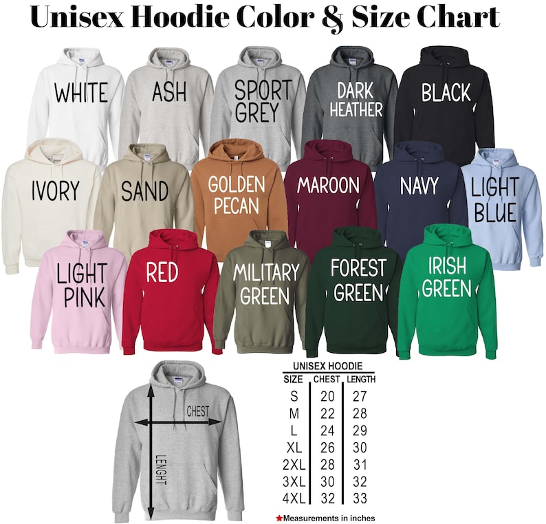 a color and size chart for a collection of unisex hoodies. The chart lists various color options and corresponding sizes, providing a visual guide for selecting the appropriate size based on the chosen color.