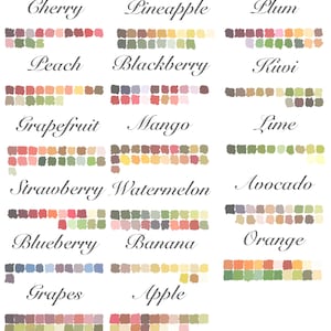 Può includere: Un grafico con palette di colori per diversi frutti, tra cui ciliegie, ananas, prugne, pesche, more, kiwi, pompelmo, mango, lime, fragole, anguria, avocado, mirtilli, banane, arance, uva e mele.