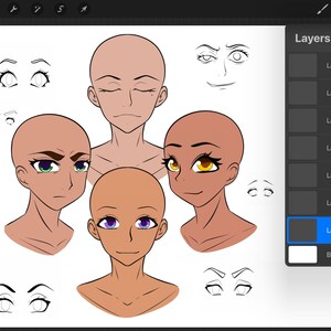 Könnte beinhalten: Eine digitale Illustration von vier weiblichen Gesichtern mit verschiedenen Augen- und Augenbrauenstilen. Die Gesichter sind im Cartoon-Stil mit einfachen Merkmalen gezeichnet. Die Illustration ist in einem digitalen Kunstprogramm geschichtet, wie im Ebenen-Panel auf der rechten Seite des Bildes zu sehen ist.