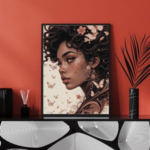 Black woman, Digital Art Print, AI Wall Art Illustration, Afrocentric Wall Decor, Floral Goddess Print, Luxury Portrait, Ethereal Beauty,