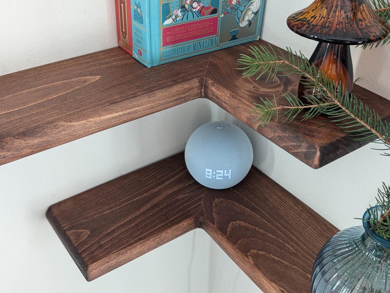 Modern Floating Wood Corner Shelf, Rustic Farmhouse Style, Cable Hole Included, 5" Wide image 5