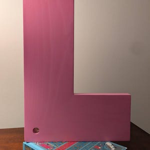 May include: A large, pink wooden letter "L" stands upright, with a small hole drilled into the side. The letter rests on a blue book with gold lettering. The text "Pink Water" is above the letter.