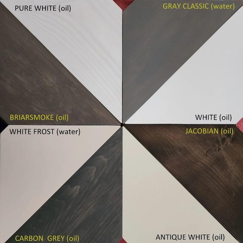 May include: A close-up of eight wood samples, each divided diagonally into two colors. The colors include Pure White, Gray Classic, Briarsmoke, White Frost, White, Jacobean, Carbon Grey, and Antique White. The type of finish is noted.