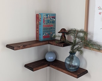 Estante esquinero moderno de madera con orificio para cable, pared flotante, estante esquinero flotante moderno, estilo rústico de granja, estante minimalista, madera rústica