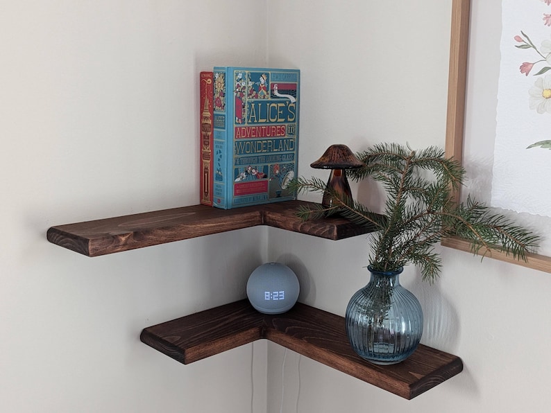 Modern Floating Wood Corner Shelf, Rustic Farmhouse Style, Cable Hole Included, 5" Wide image 2