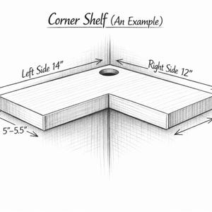 May include: A corner shelf illustration with dimensions labeled. The left side is 14 inches, the right side is 12 inches, and the depth is 5 to 5.5 inches. The shelf is 1.125 inches thick. A hole is in the corner.