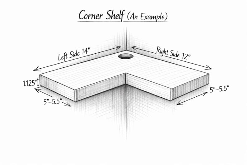May include: A corner shelf illustration with dimensions labeled. The left side is 14 inches, the right side is 12 inches, and the depth is 5 to 5.5 inches. The shelf is 1.125 inches thick. A hole is in the corner.