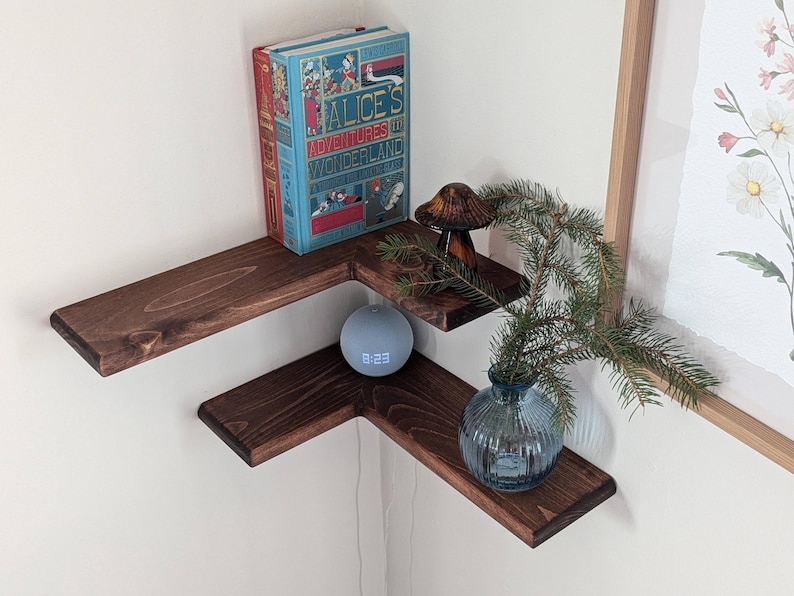 Modern Floating Wood Corner Shelf, Rustic Farmhouse Style, Cable Hole Included, 5" Wide image 1